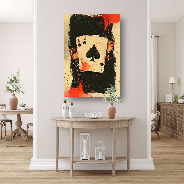 Twee Azen omringd door verfspatten canvas