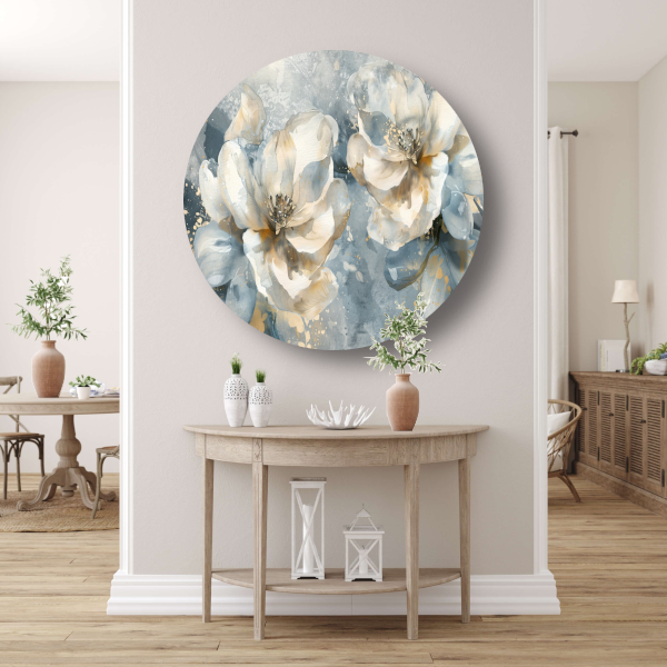 Abstracte Aquarel Bloemen met Gouden Spatten forex muurcirkel