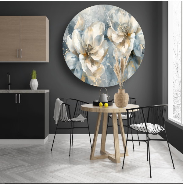 Abstracte Aquarel Bloemen met Gouden Spatten forex muurcirkel