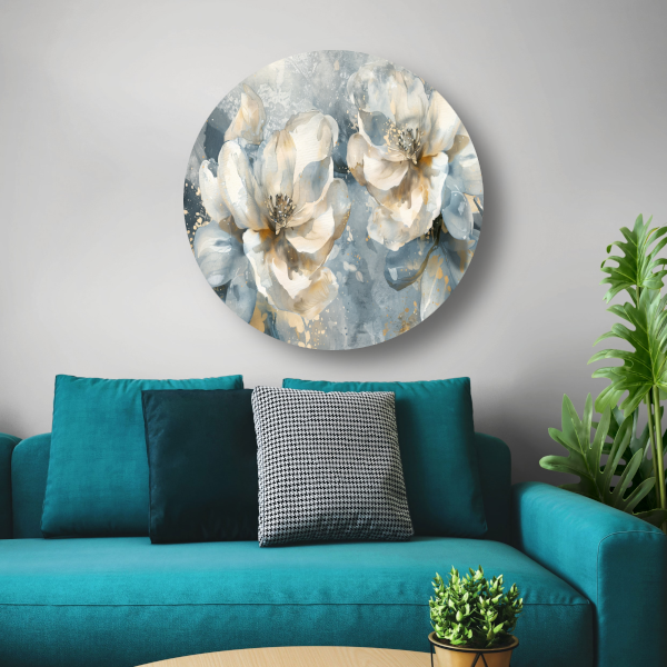 Abstracte Aquarel Bloemen met Gouden Spatten forex muurcirkel