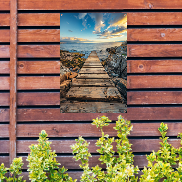Houten pier bij zonsondergang met dramatische wolken tuinposter