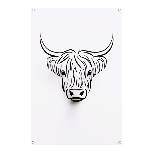 Zwart-witte minimalistische Schotse hooglander lijnillustratie tuinposter