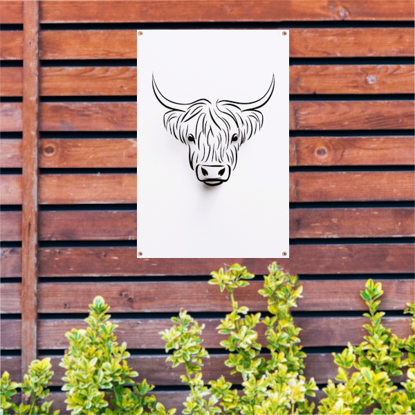 Zwart-witte minimalistische Schotse hooglander lijnillustratie tuinposter