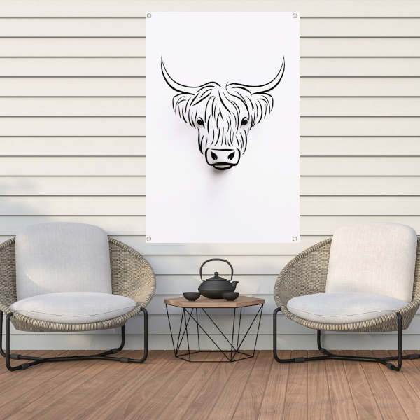 Zwart-witte minimalistische Schotse hooglander lijnillustratie tuinposter