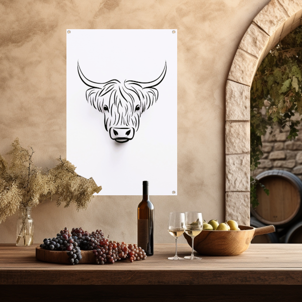 Zwart-witte minimalistische Schotse hooglander lijnillustratie tuinposter