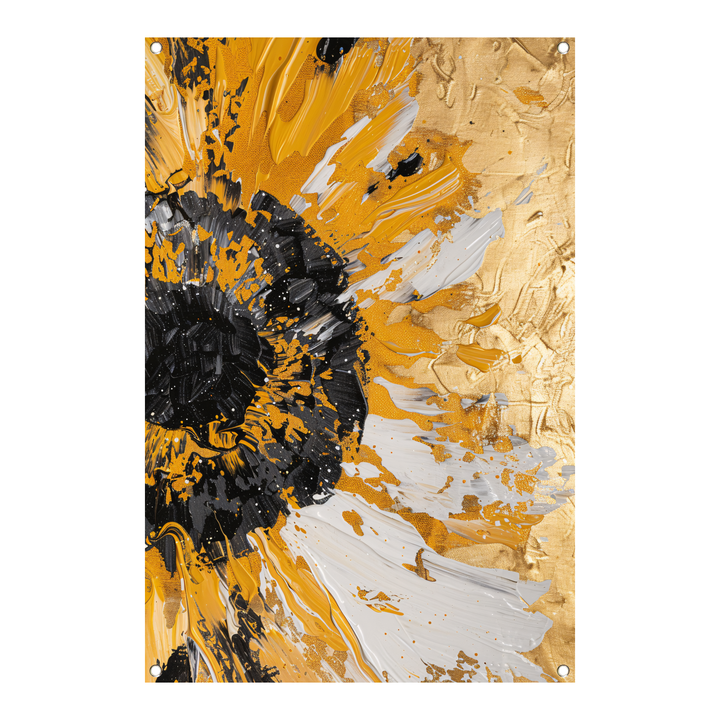 Dynamische abstracte zonnebloem in goud en zwart tuinposter
