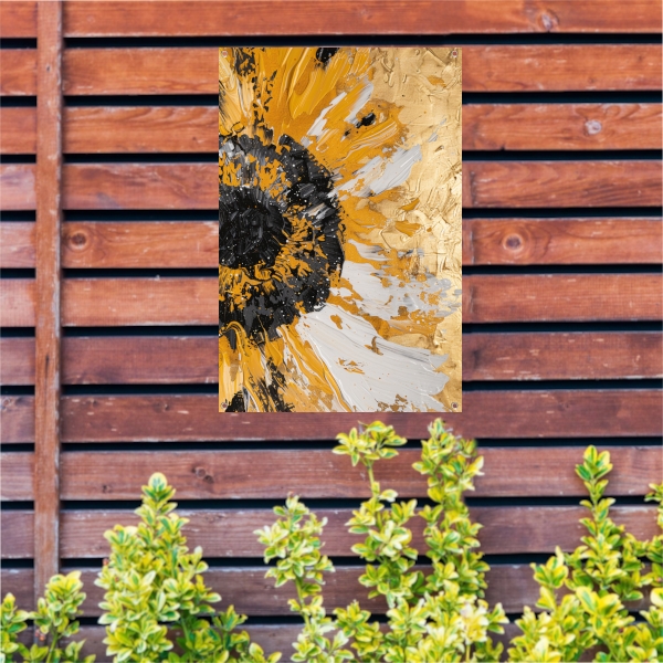 Dynamische abstracte zonnebloem in goud en zwart tuinposter