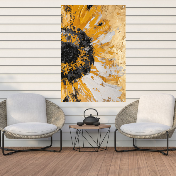 Dynamische abstracte zonnebloem in goud en zwart tuinposter