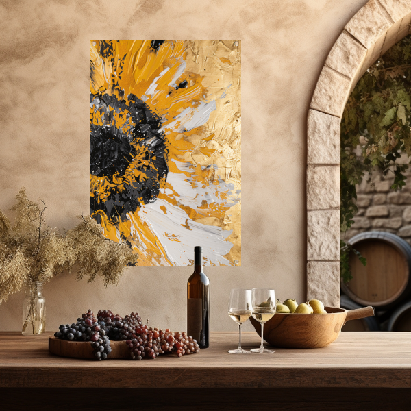 Dynamische abstracte zonnebloem in goud en zwart tuinposter