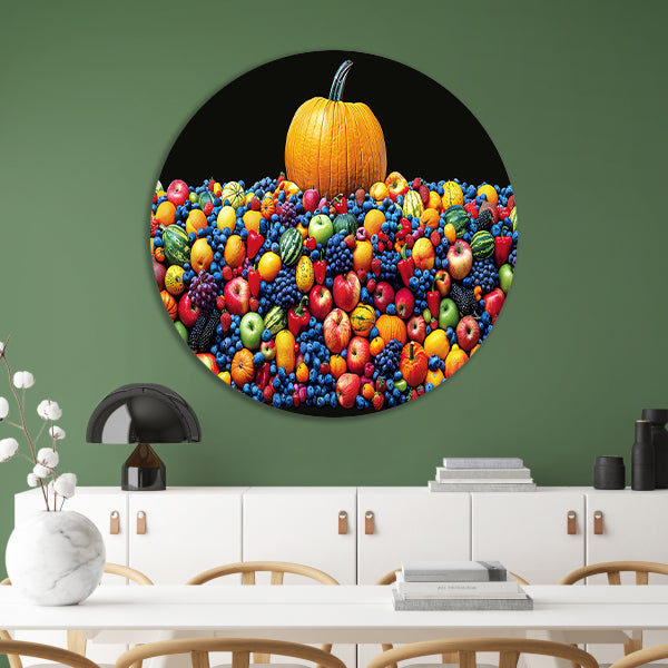 Kleurrijk stilleven met pompoen aluminium muurcirkel