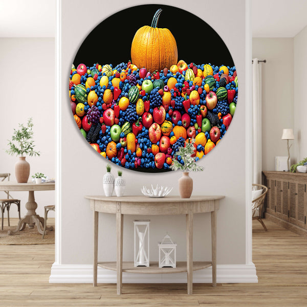 Kleurrijk stilleven met pompoen aluminium muurcirkel