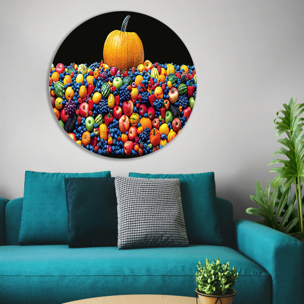 Kleurrijk stilleven met pompoen aluminium muurcirkel