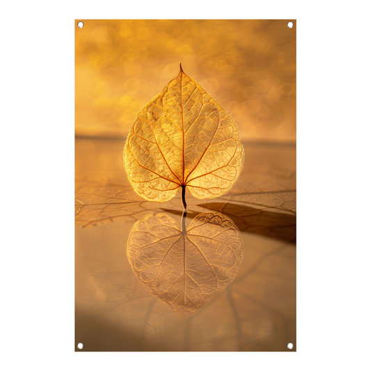 Blad perfect weerspiegeld in gouden licht tuinposter