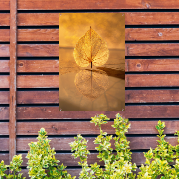 Blad perfect weerspiegeld in gouden licht tuinposter