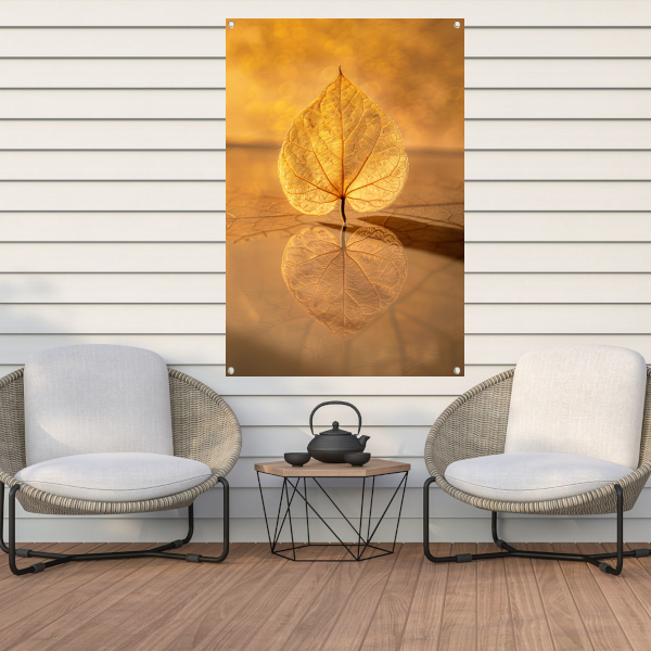 Blad perfect weerspiegeld in gouden licht tuinposter