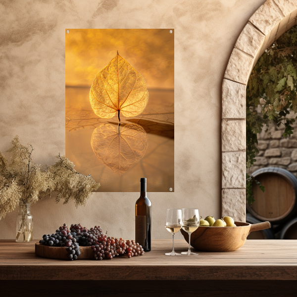 Blad perfect weerspiegeld in gouden licht tuinposter