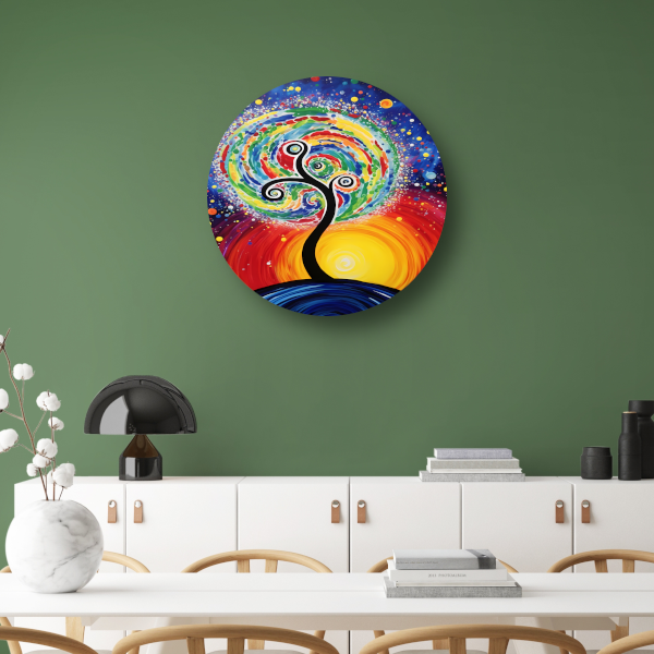 Minimalistisch schilderij met boom en zon aluminium muurcirkel