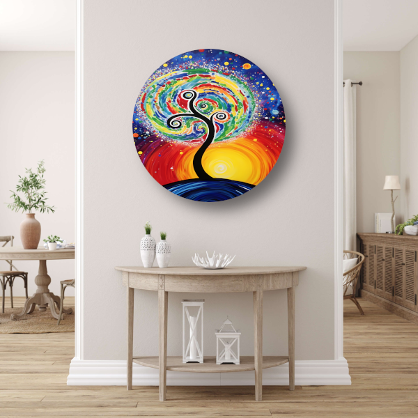 Minimalistisch schilderij met boom en zon aluminium muurcirkel