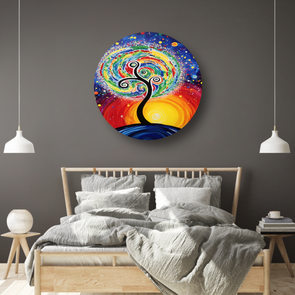 Minimalistisch schilderij met boom en zon aluminium muurcirkel