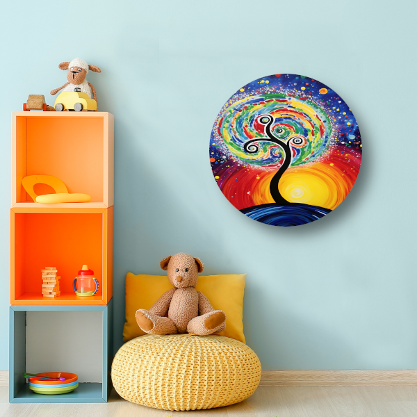 Minimalistisch schilderij met boom en zon aluminium muurcirkel