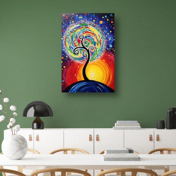 Minimalistisch schilderij met boom en zon poster