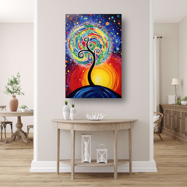 Minimalistisch schilderij met boom en zon poster