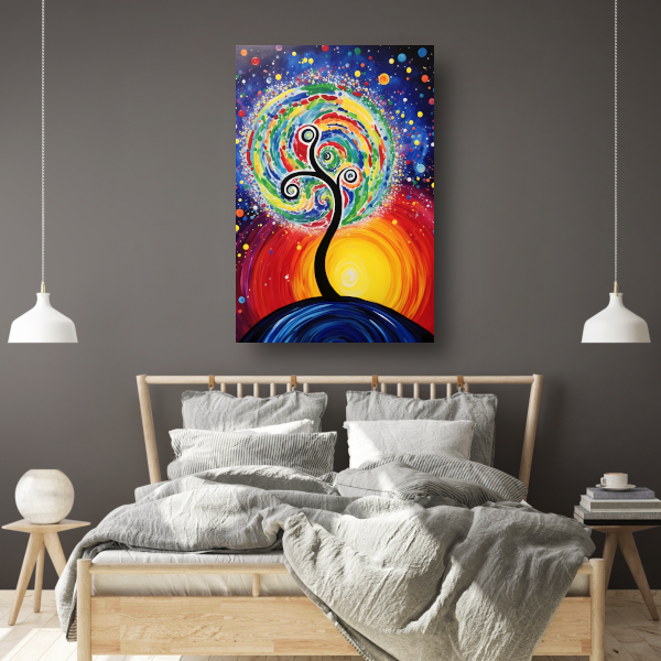 Minimalistisch schilderij met boom en zon poster