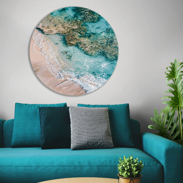 Luchtfoto van turquoise zee en strand aluminium muurcirkel
