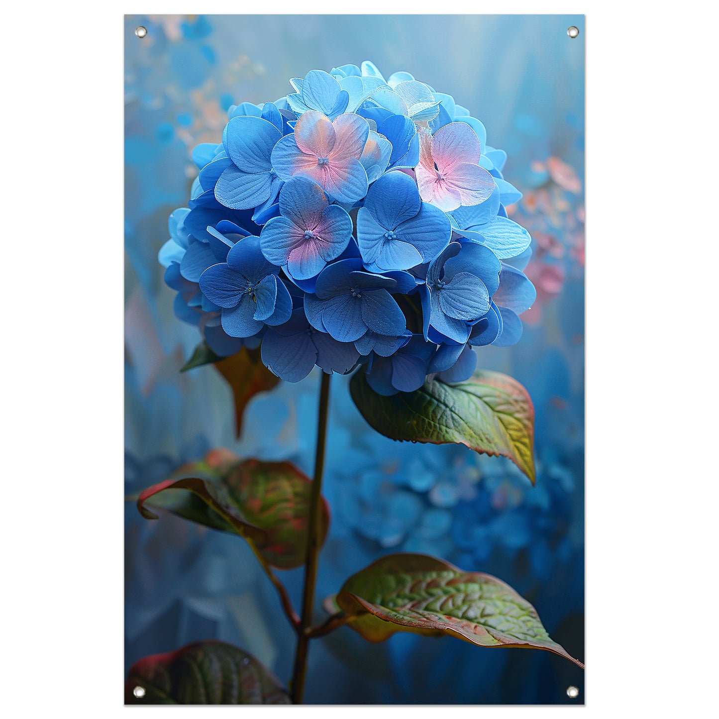Blauwe hortensia met pastelkleuren in close-up tuinposter
