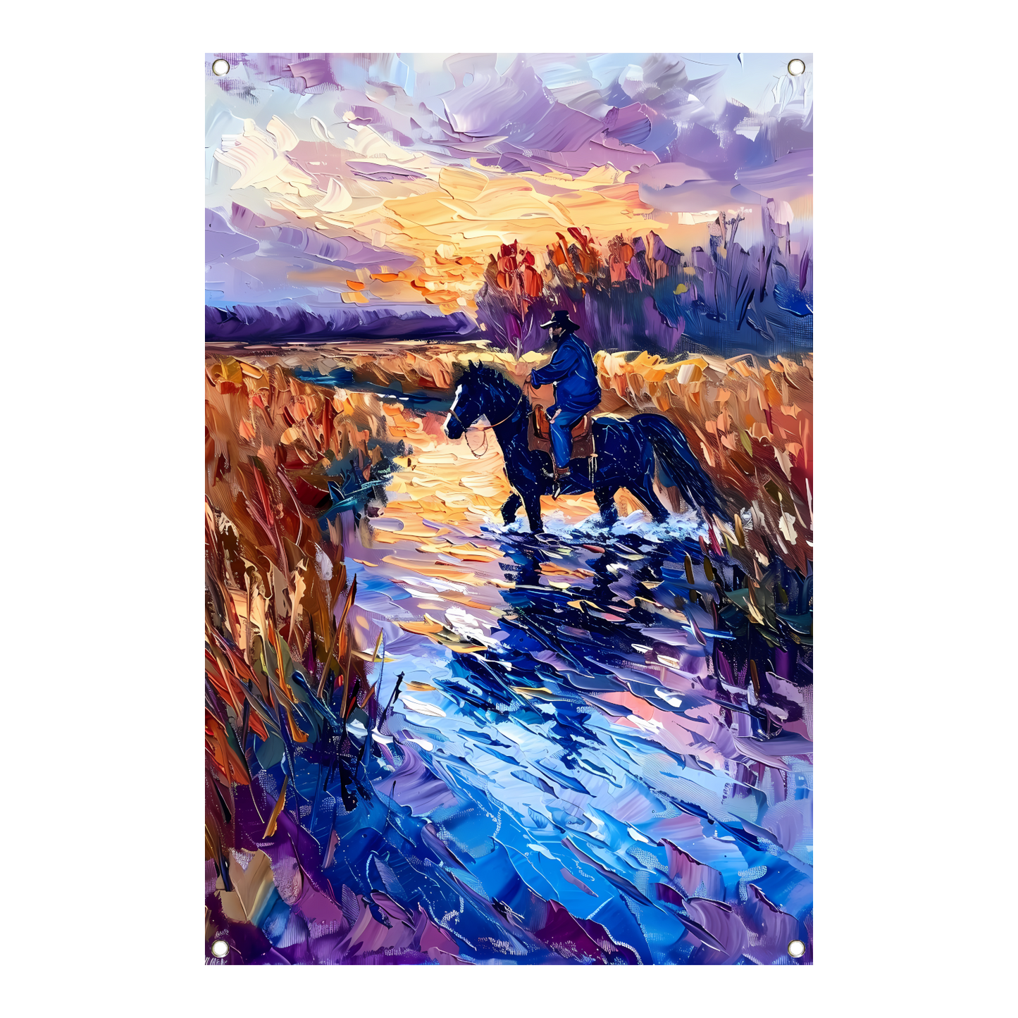 Ruiter op paard bij zonsondergang schilderij tuinposter