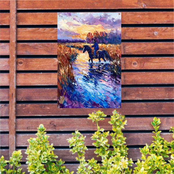 Ruiter op paard bij zonsondergang schilderij tuinposter