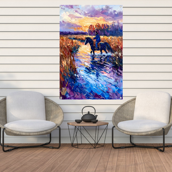 Ruiter op paard bij zonsondergang schilderij tuinposter
