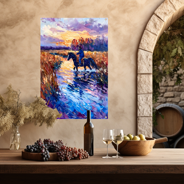Ruiter op paard bij zonsondergang schilderij tuinposter