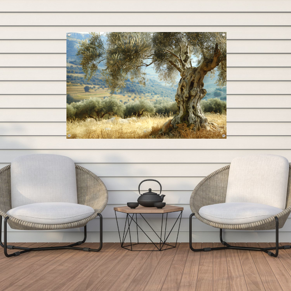Eenzame boom in impressionistisch landschap tuinposter