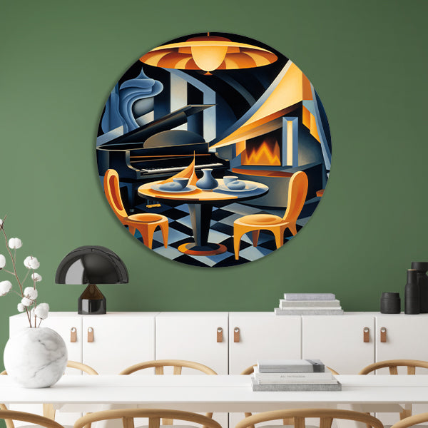 Minimalistische eetkamer met raam aluminium muurcirkel