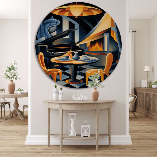 Minimalistische eetkamer met raam aluminium muurcirkel