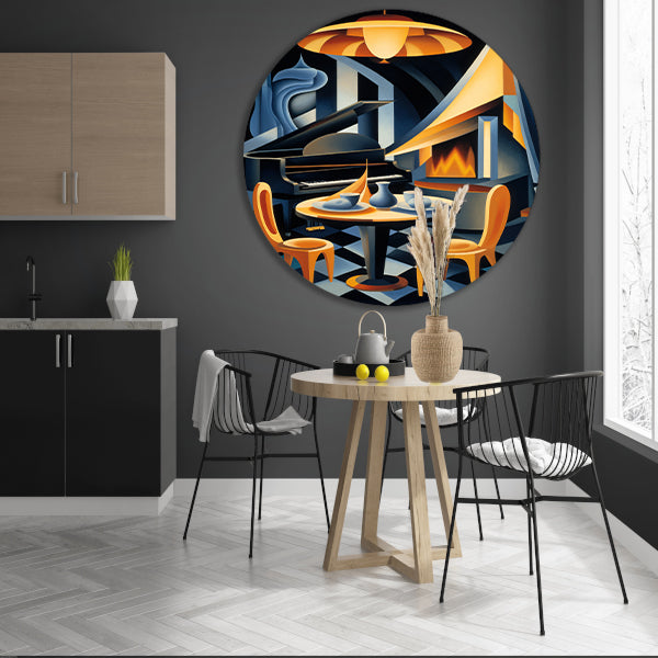 Minimalistische eetkamer met raam aluminium muurcirkel