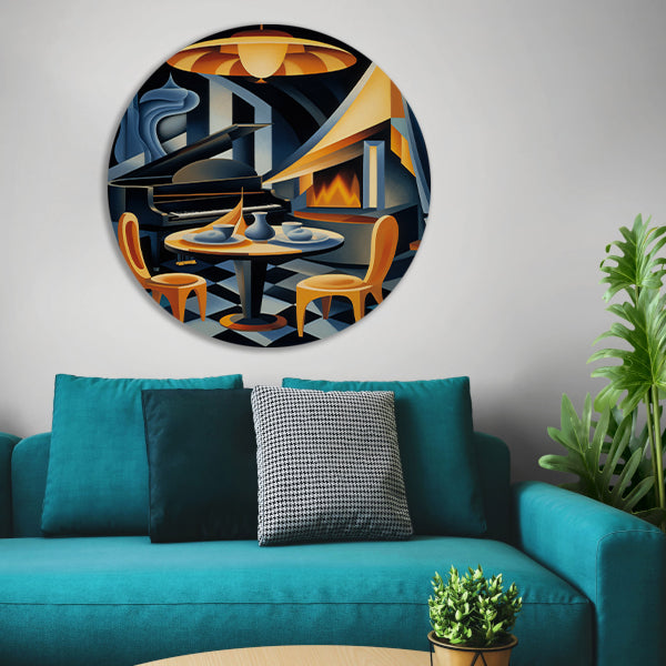 Minimalistische eetkamer met raam aluminium muurcirkel