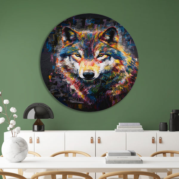 Dynamische Kleurrijke Abstracte Wolf aluminium muurcirkel