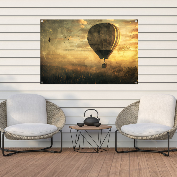 Luchtballon boven impressionistisch landschap tuinposter