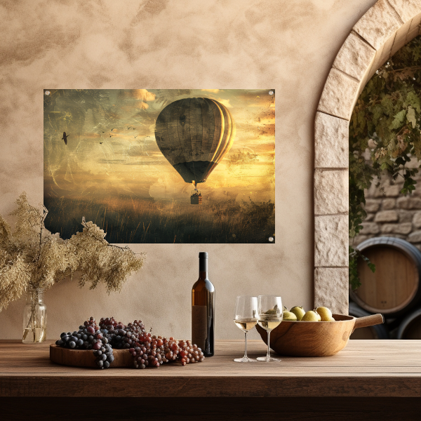 Luchtballon boven impressionistisch landschap tuinposter