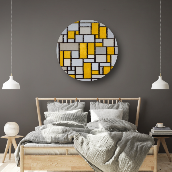 Compositie met raster 1 - Piet Mondriaan aluminium muurcirkel