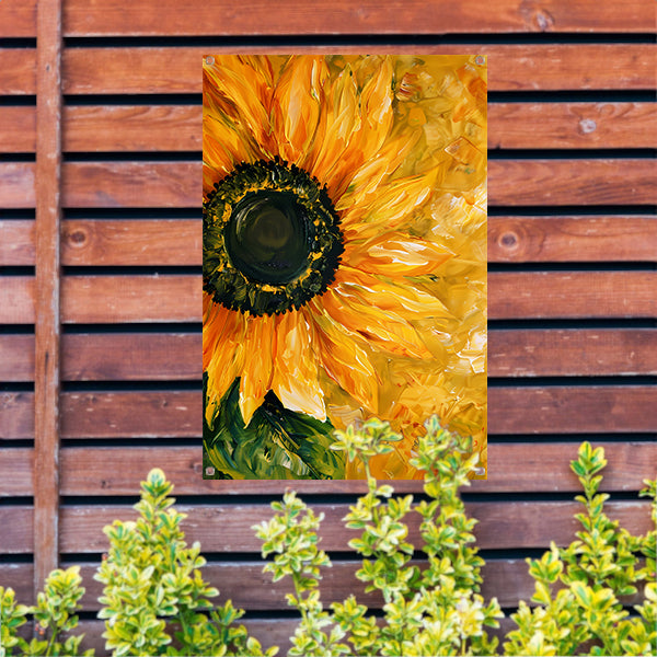 Realistisch schilderij van kleurrijke zonnebloem tuinposter
