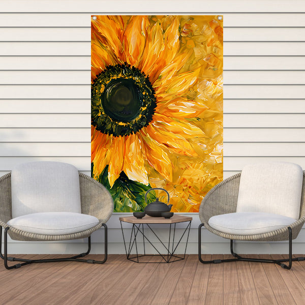 Realistisch schilderij van kleurrijke zonnebloem tuinposter