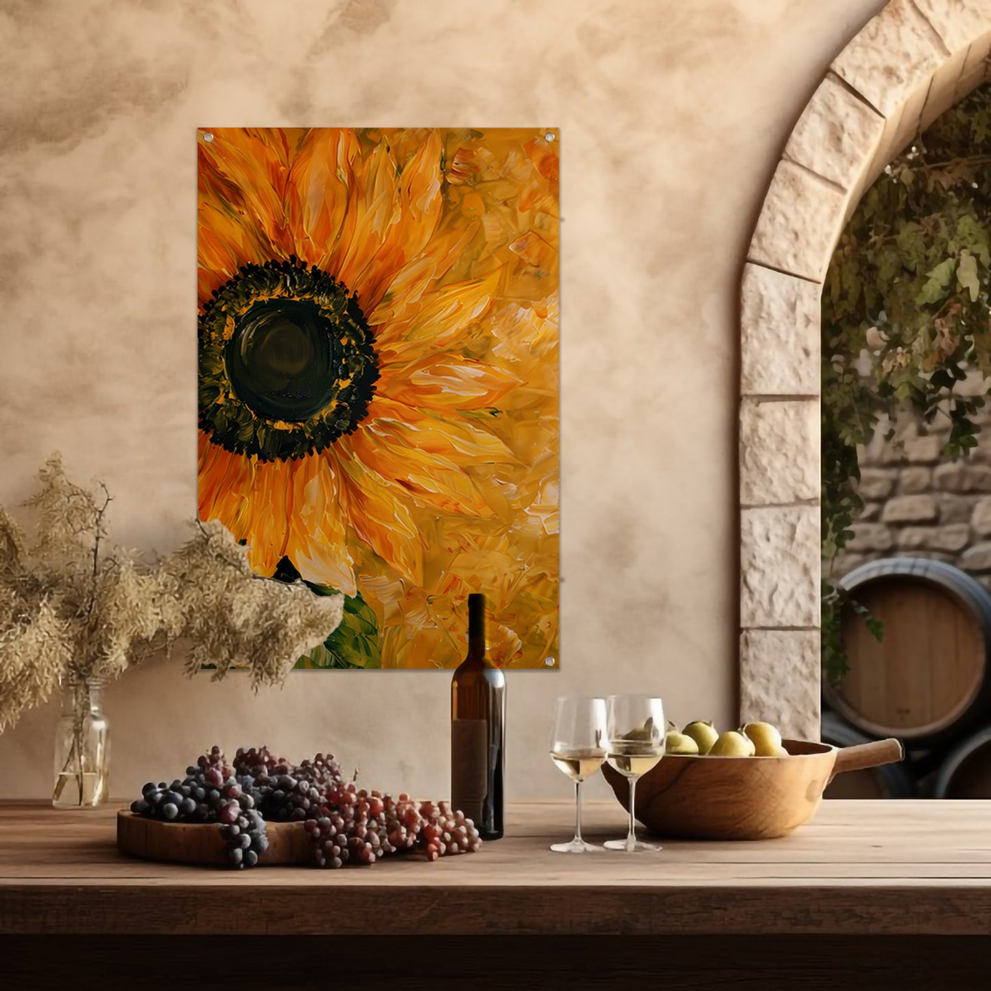 Realistisch schilderij van kleurrijke zonnebloem tuinposter