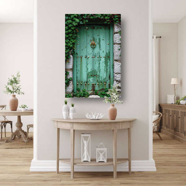 Verweerde groene deur met gouden accenten canvas