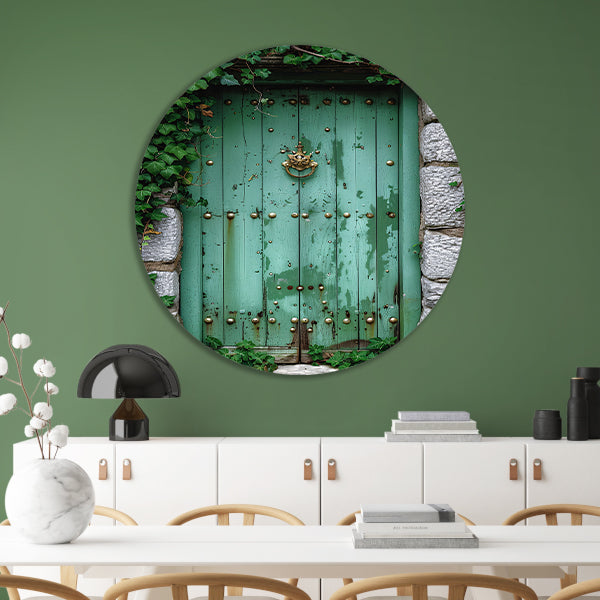 Verweerde groene deur met gouden accenten aluminium muurcirkel