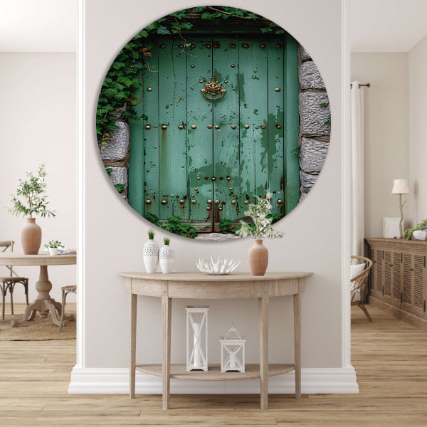 Verweerde groene deur met gouden accenten aluminium muurcirkel