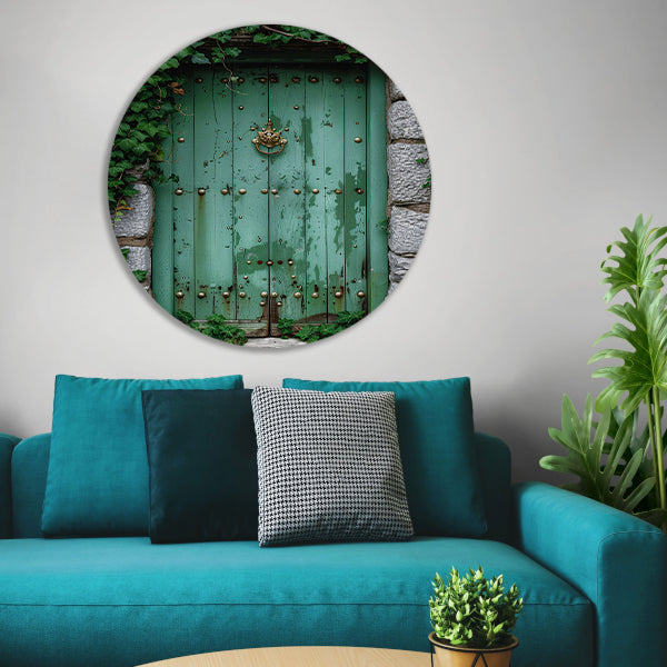 Verweerde groene deur met gouden accenten aluminium muurcirkel