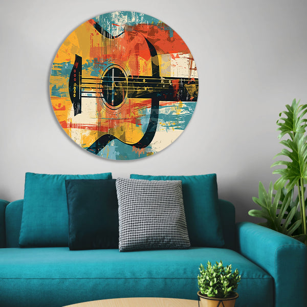 Abstracte gitaar in levendige kleuren aluminium muurcirkel